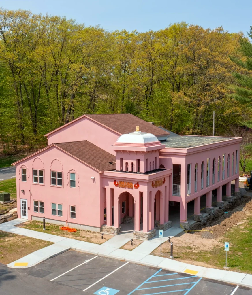 Drone photo of temple from the outside