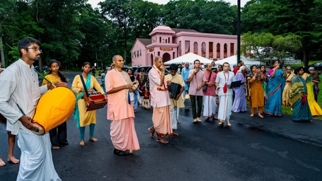 Devotees doing sankirtan (chanting) outdoors