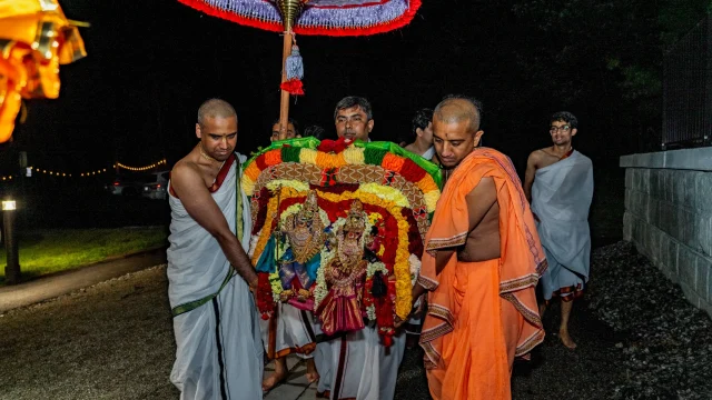 Deities under umbrella during procession at night